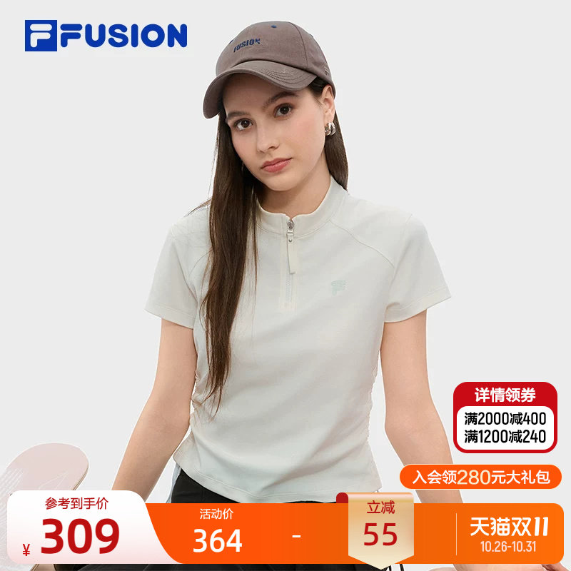 FILA FUSION斐乐潮牌女子针织短袖衫秋新款时尚半拉链修身T恤