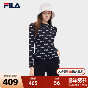 FILA 斐乐官方女子针织长袖衫2024夏季新款时尚休闲满印LOGO长T恤