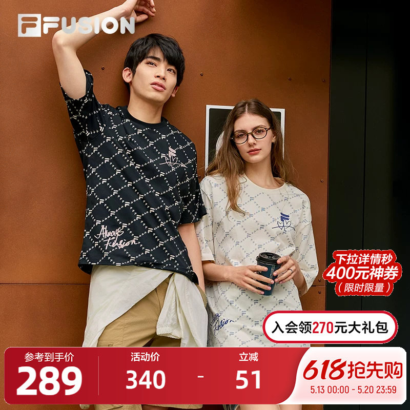 FILA FUSION斐乐潮牌情侣针织短袖衫春季新款休闲宽松短T