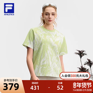 FILA 斐乐官方女子针织短袖衫2025夏新款户外运动满印宽松圆领T恤