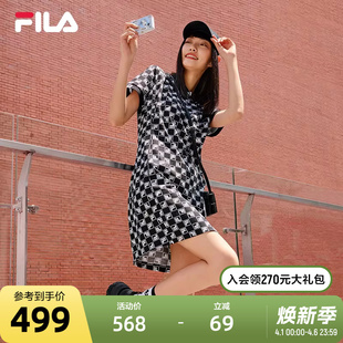 FILA 复古满印休闲时尚 修身 显瘦裙子 斐乐官方女士老花连衣裙夏季