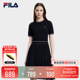 FILA 编织百褶拼接连身裙裙子 斐乐官方女子连衣裙2023夏圆领短袖