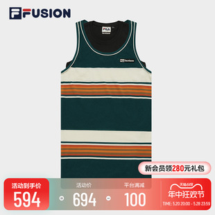 FILA FUSION斐乐潮牌女士连衣裙两件套2023夏宽松网眼彩条背心裙