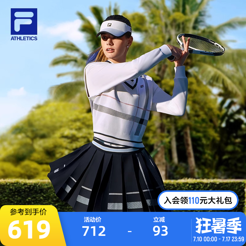 FILA 斐乐官方女士编织背心2023秋季经典格纹V领网球运动上衣