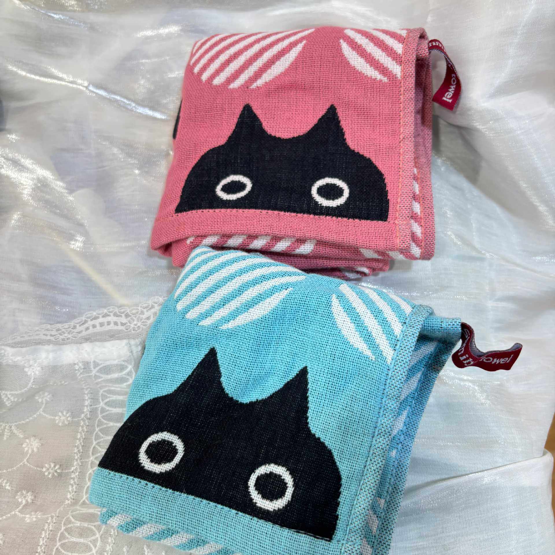 可爱猫咪纯棉纱布毛巾三层纱布方巾幼儿园儿童棉纱方巾批发出口