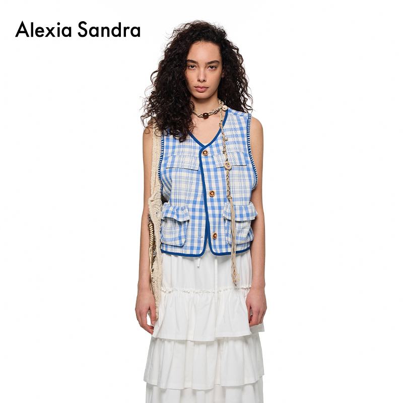 Alexia Sandra2025春夏新款叠穿烘焙饼干纽扣刺绣边格纹马甲外套