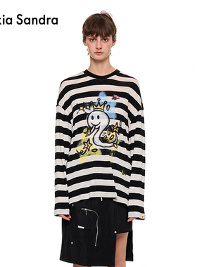 辛芷蕾江疏影同款Alexia Sandra新款小财神贪吃蛇宽松条纹长袖T恤