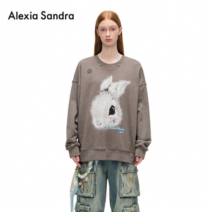 Alexia Sandra秋冬设计感复古做旧兔子印花钉珠铆钉加绒卫衣内搭