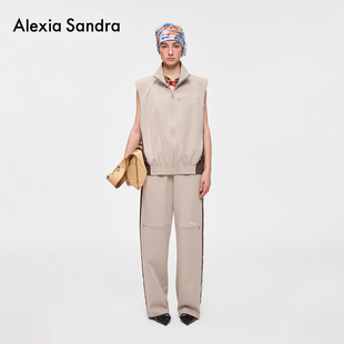 AlexiaSandra复古浅卡其色明线装饰休闲针织马甲休闲裤套装一整套