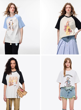 张淼怡同款Alexia Sandra兔子印花拼色插肩袖圆领短袖T恤上衣女夏