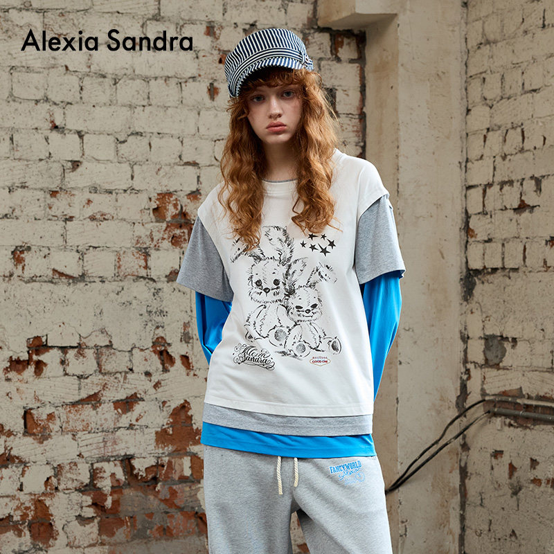 童话小兔撞色袖假三件T恤