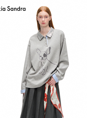 张雯同款Alexia Sandra秋季线条小狗格纹落肩POLO领卫衣时尚上衣