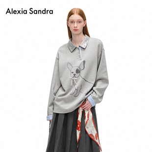 线条小狗格纹落肩POLO领卫衣时尚 Sandra秋季 上衣 Alexia 张雯同款