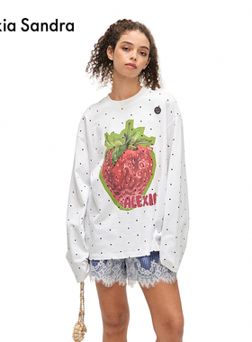 Alexia Sandra水果乐园印花波点小落肩圆领长袖T恤女宽松百搭上衣