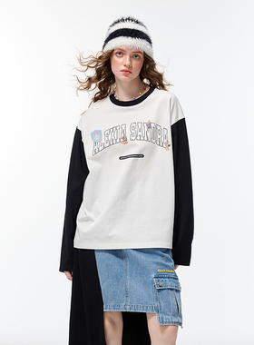 董璇同款-Alexia Sandra兔子徽章插肩拼接长袖T恤卫衣经典黑白色