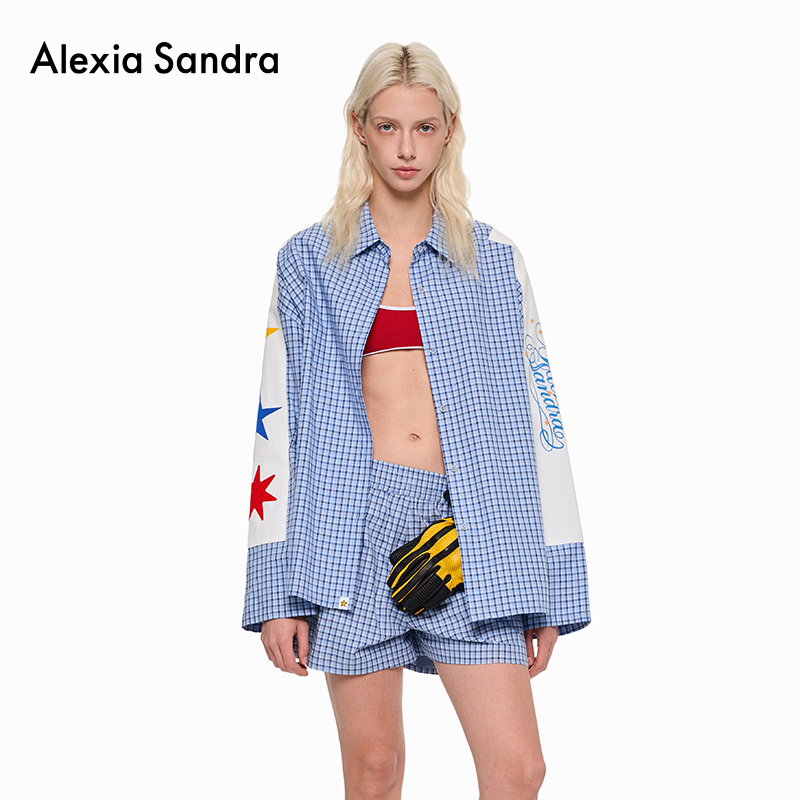 瓦瓦妮莎同款Alexia Sandra星星植绒印花翻领格纹衬衫女蓝色衬衣