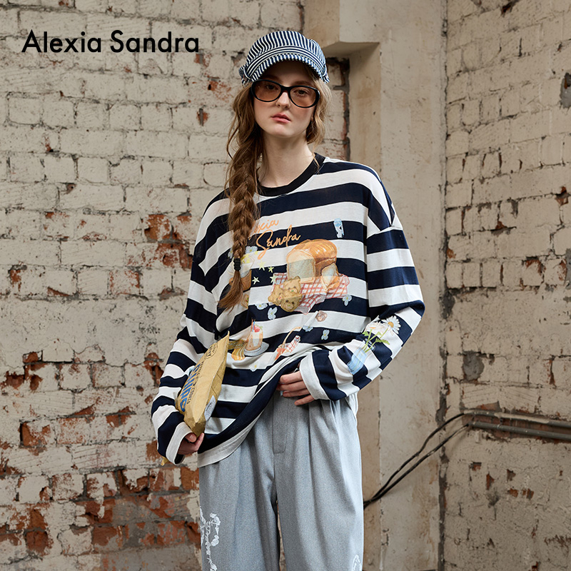 秋游系列撞色条纹野餐印花长袖