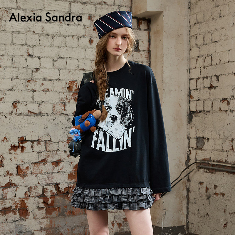 陈妍希同款AlexiaSandra新款Frankie格纹拼接荷叶下摆长袖连衣裙