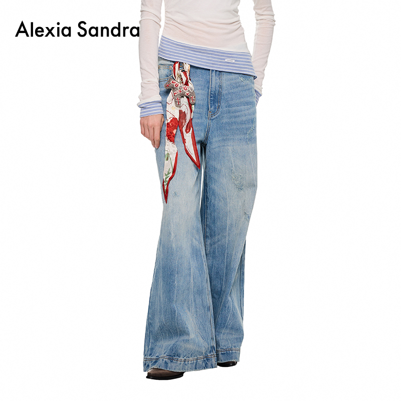 Alexia Sandra2025新款树皮纹闪电设计感时尚牛仔长裤休闲阔腿裤