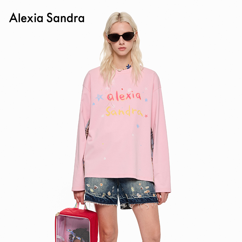 张真源同款Alexia Sandra2025新款海洋奇遇涂鸦拼接设计感长袖T恤