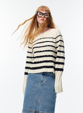 Alexia Sandra秋冬黑白色条纹圆领长袖短款套头航海针织衫女毛衣