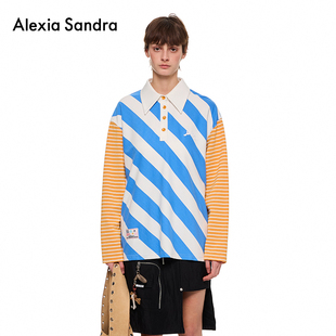 女 李艺彤唐九洲同款 Alexia Sandra25撞色长门禁斜条纹polo衫 长袖