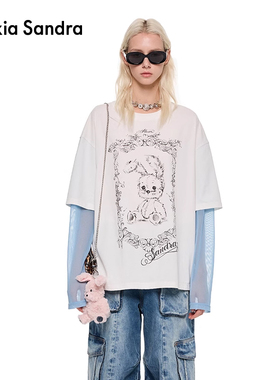 苏晓彤王楚然同款Alexia Sandra2025春夏童话小兔拼接假两件T恤