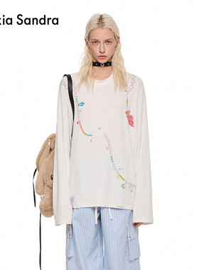 Alexia Sandra2025新款白色海洋奇遇破碎链条印花长袖T恤上衣宽松