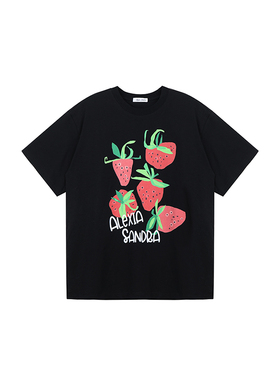 Alexia Sandra草莓圆领短袖t恤上衣夏季小个子通勤时尚感穿搭女装