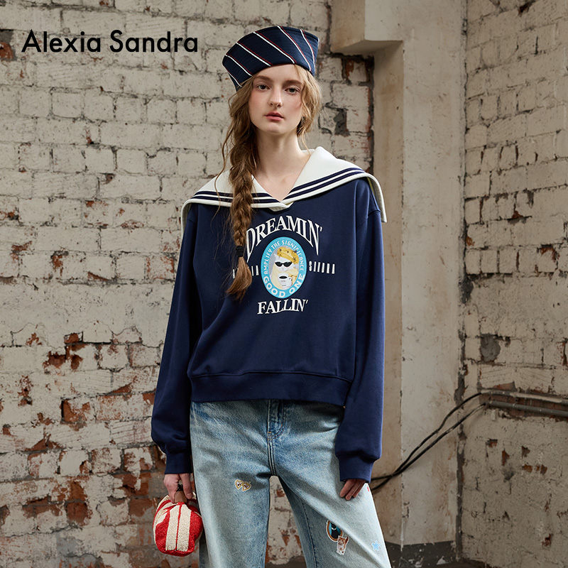 海军领撞色织带装饰长袖卫衣