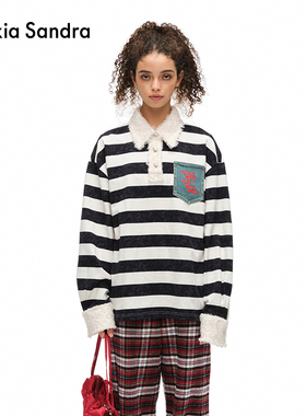 赵一博同款-Alexia Sandra撞白领做旧条纹落肩航海POLO衫女