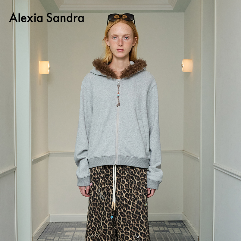 AlexiaSandra撞色毛边针织短外套