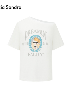 Alexia Sandra2025夏季新款动物派对印花斜肩短袖纯棉T恤上衣女款