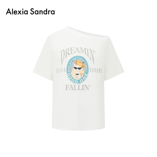 纯棉T恤上衣女款 Alexia 动物派对印花斜肩短袖 Sandra2025夏季 新款
