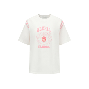 t恤白粉色通勤休闲宽松半袖 徽章织带短袖 高级感 Sandra夏季 Alexia
