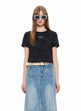 Alexia Sandra黑色漫天星河废土风设计感分割短袖T恤女短款高级感