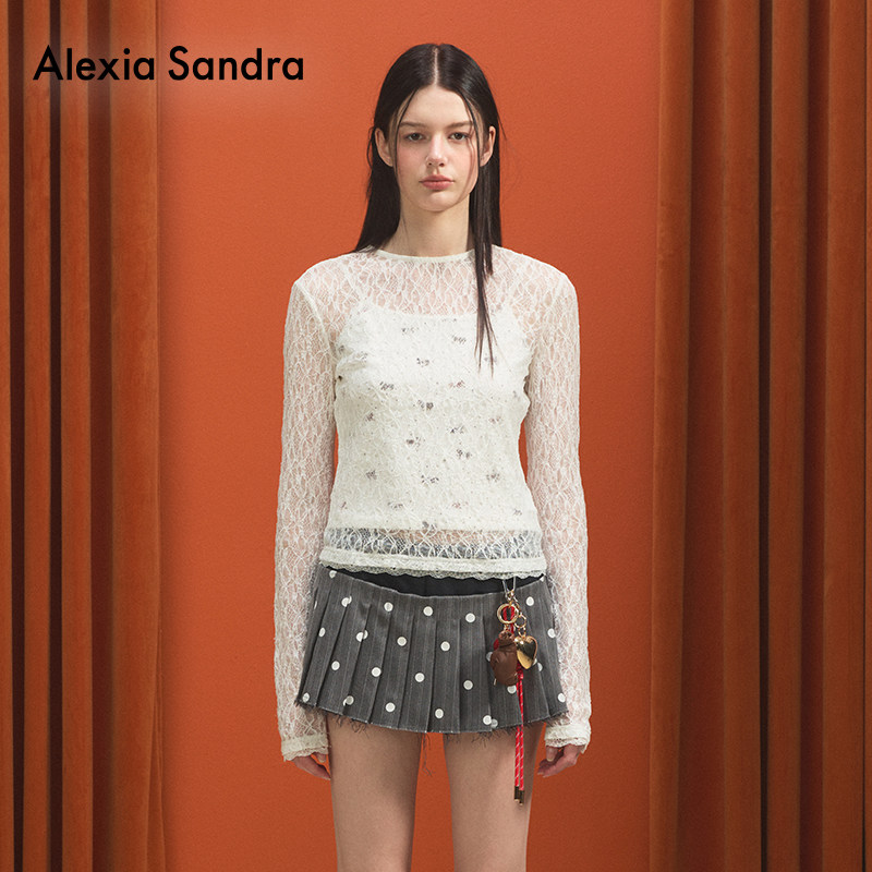 “马上有钱花”AlexiaSandra真两件2026春季新款两穿蕾丝印花上衣