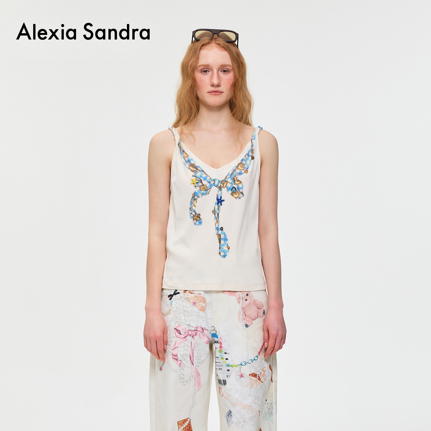 AlexiaSandra海星纽扣领带印花吊带背心白色上衣夏外穿时尚设计感