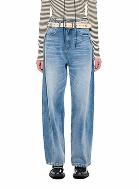 迪丽热巴Jennie同款Alexia Sandra蓝色宽松打褶阔腿牛仔裤高级感