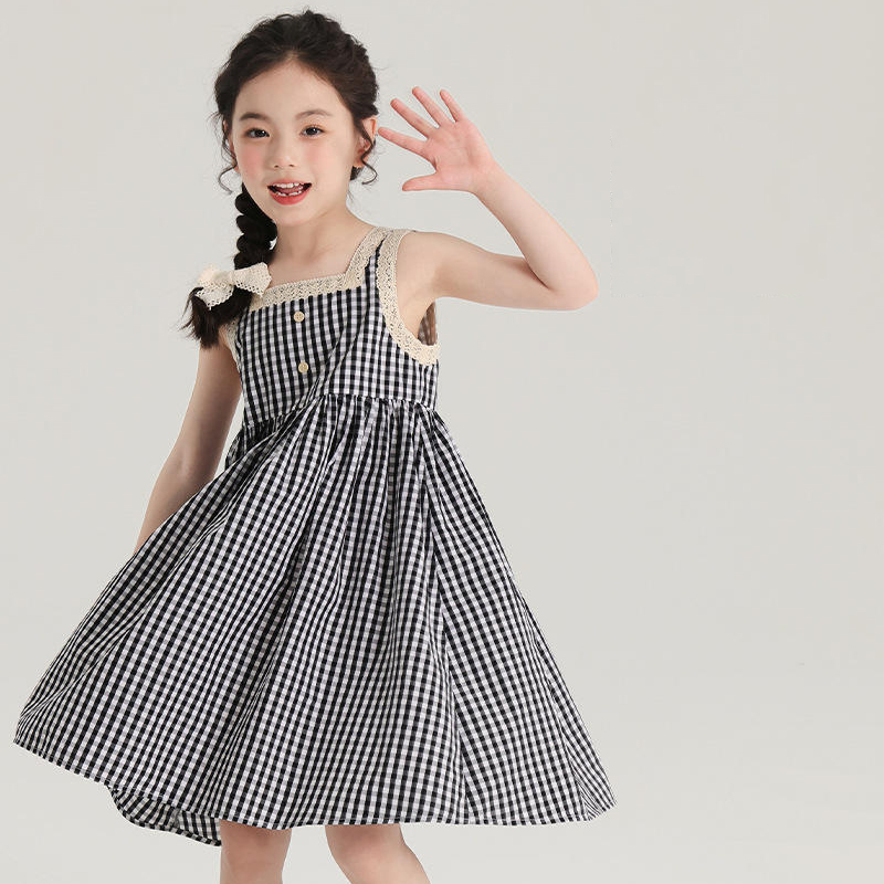 女童连衣裙夏季无袖洋气韩版儿童装格子公主裙小女孩薄款吊带裙子