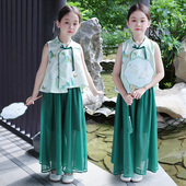新中式 唐装 旗袍上衣汉服夏季 裙中国风阔腿裤 两件套 儿童裤 女童套装