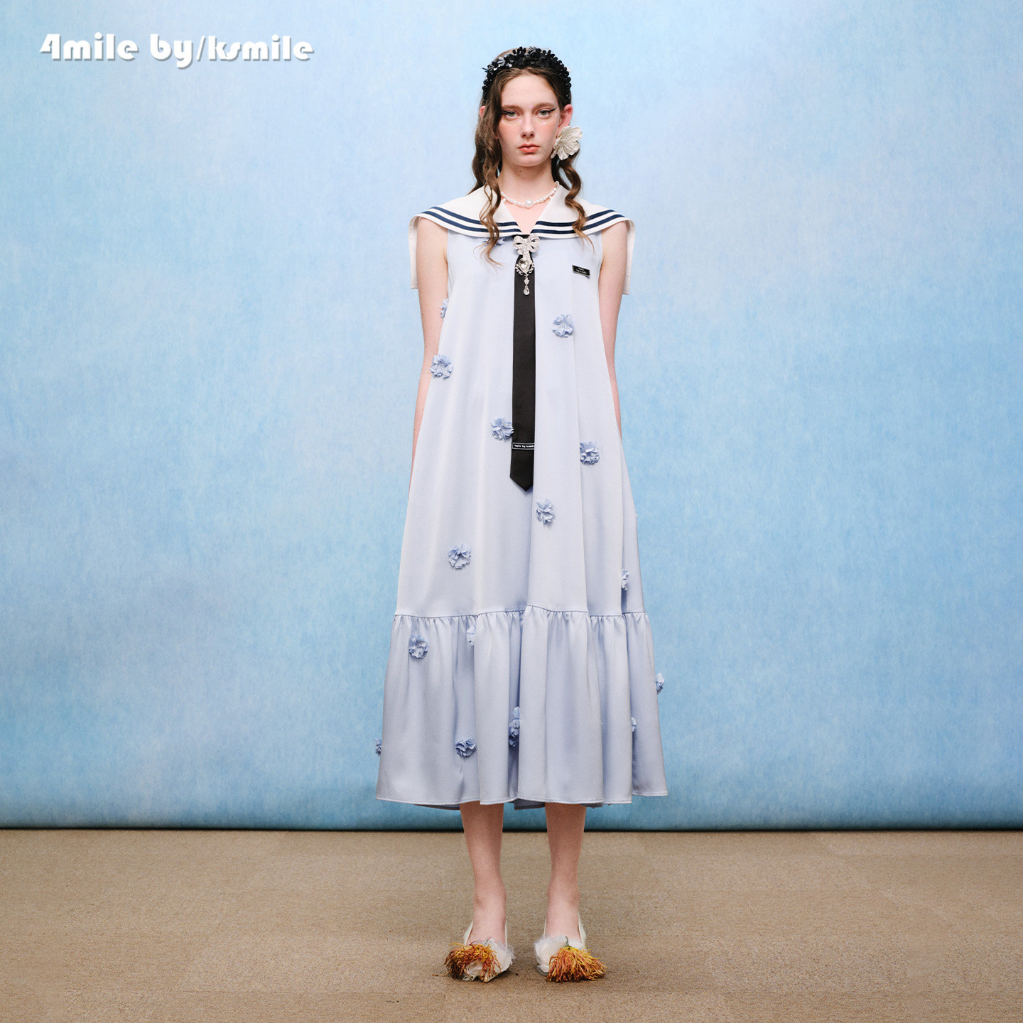 【618狂欢购】4MILE BY KSMILE 26春夏款海军领缎面精致风连衣裙