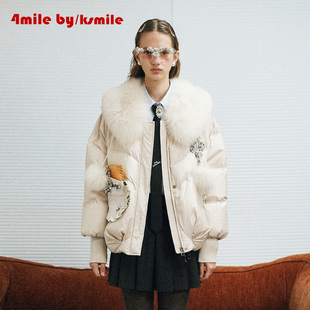 KSMILE 4MILE 白色鹅绒狐狸毛领学院羽绒服外套 年货狂欢季