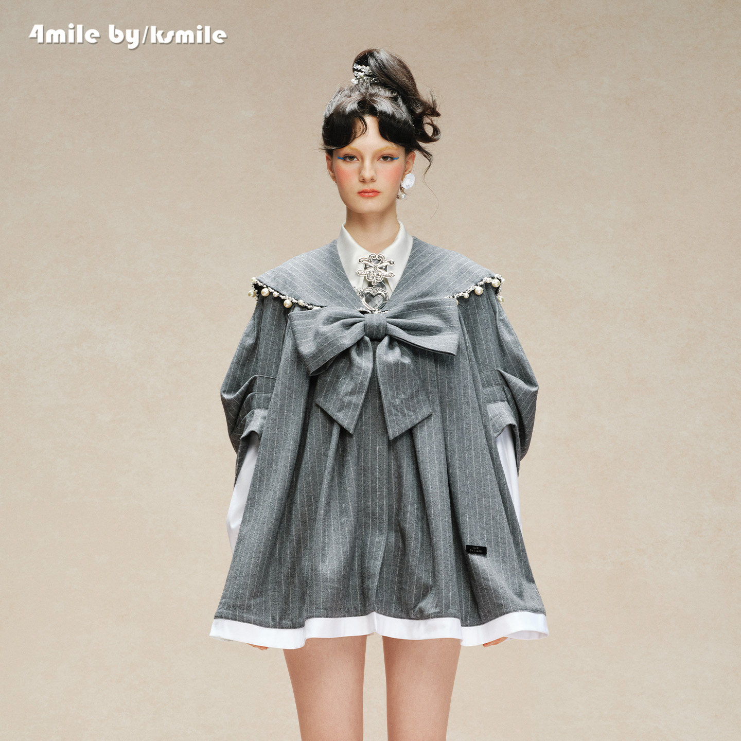 4MILE BY KSMILE 26秋冬新款水手领大蝴蝶结钉珠假两件长袖连衣裙