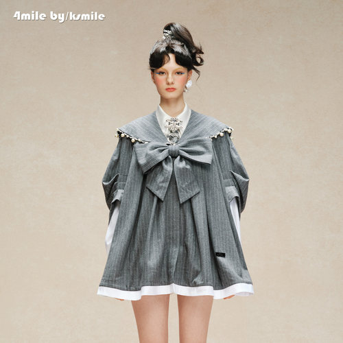 4MILE BY KSMILE 26秋冬新款水手领大蝴蝶结钉珠假两件长袖连衣裙