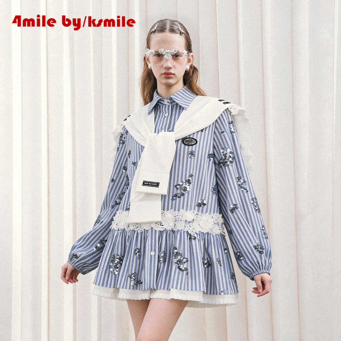 【春上新】4MILE BY KSMILE 26春夏新款蓝条纹珠花衬衫连衣裙