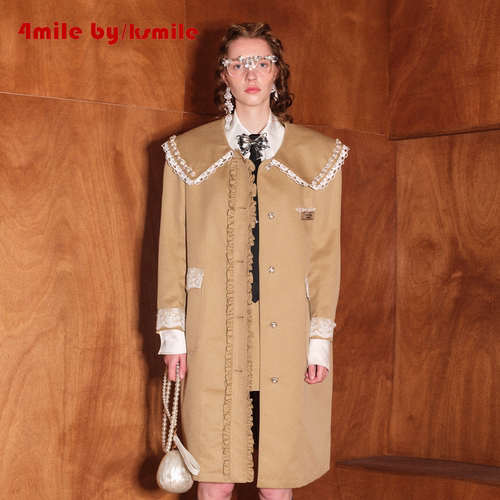 4MILE BY KSMILE 巴恩风重工学院长款卡其风衣大翻领钉珠拼外套