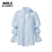 春季 KSMILE 限定 4MILE 水光蓝玫瑰花珍珠领结长袖 衬衫