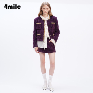 新品 2024年秋季 紫色星河闪钻气质小香短外套A字半裙女 4MILE