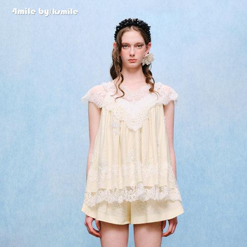 【夏上新】4MILE BY KSMILE 26春夏蕾丝V领亮片刺绣法式套装